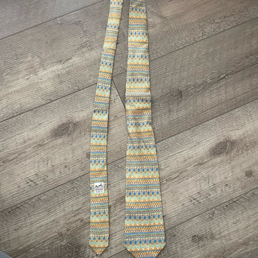 Hermes Yellow and Blue Geometric Silk Tie